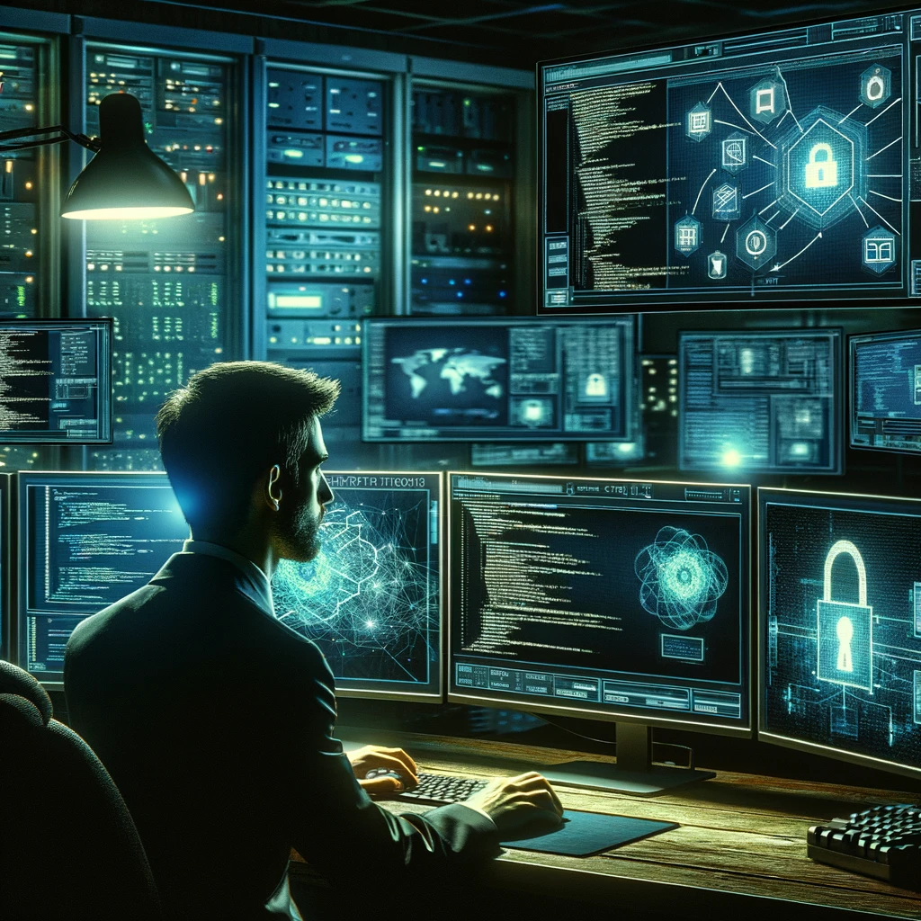 Experte für Cybersecurity arbeitet in einem hochmodernen Überwachungsraum an Netzwerksicherheitsmaßnahmen, umschlossen von Monitoren, die fortschrittliche Firewall- und Verschlüsselungstechnologien darstellen.